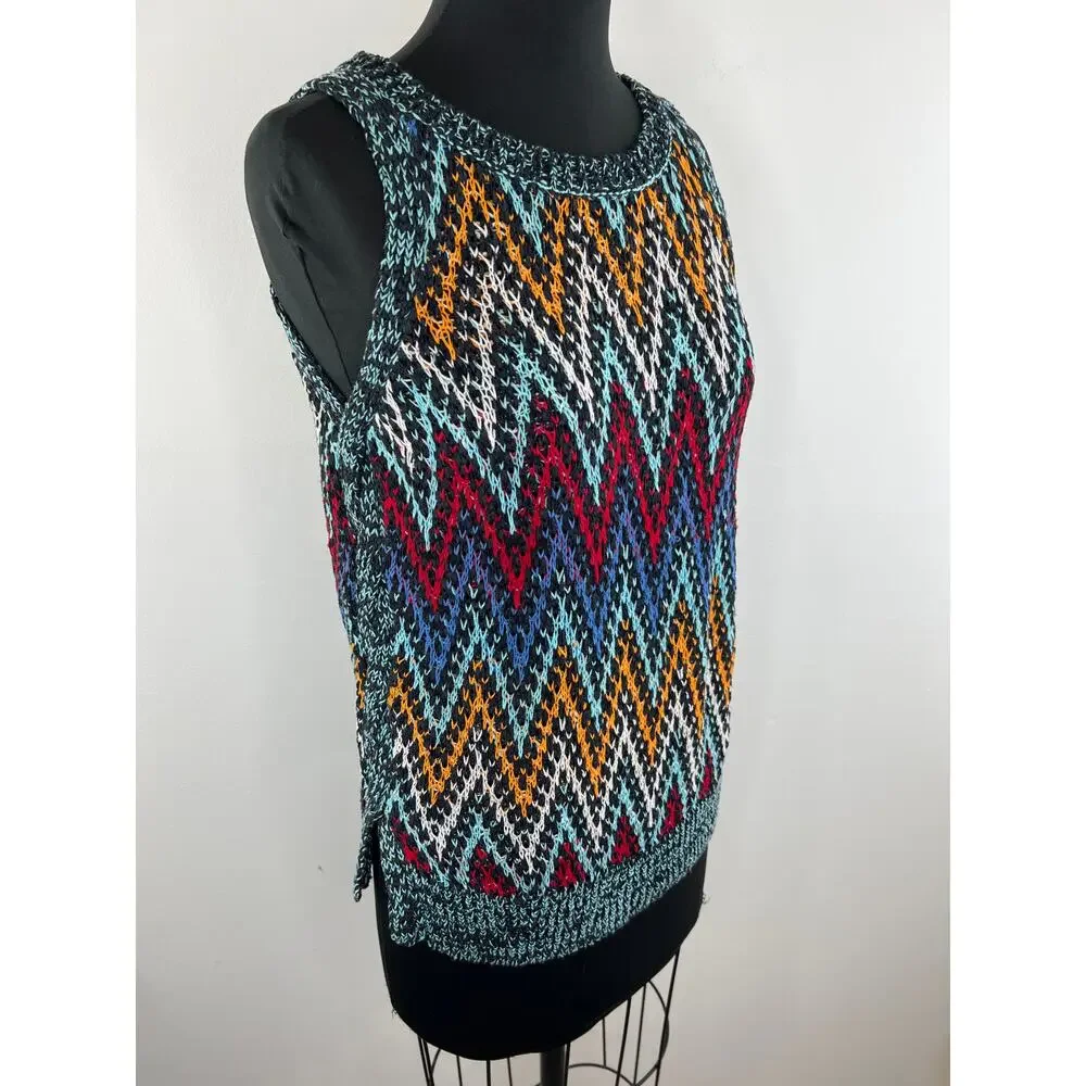 White + Warren Multicolor Sleeveless Crewneck Zig-Zag Knit Sweater Size S Small